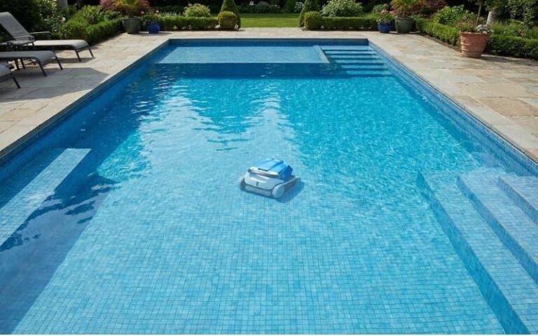 A robotic pool cleaner working across a full residential pool viewed from a broad elevated angl